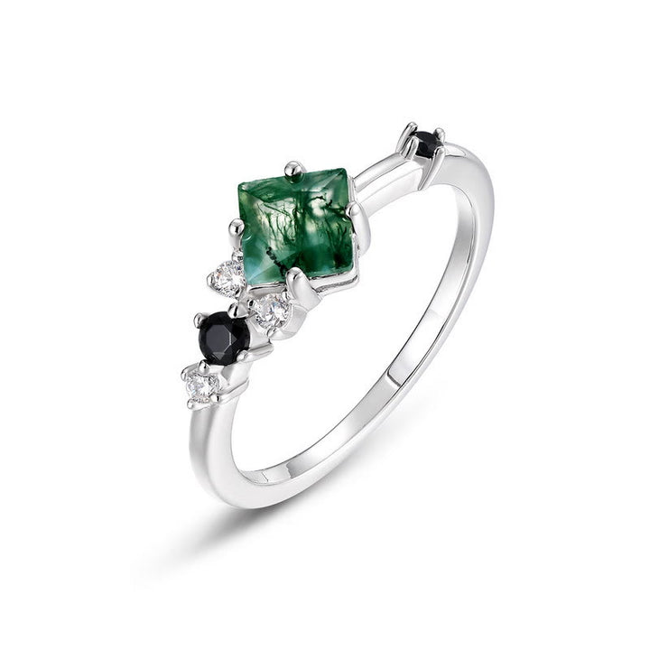 Bague en argent sterling S925 avec agate mousse carrée Olivenorma