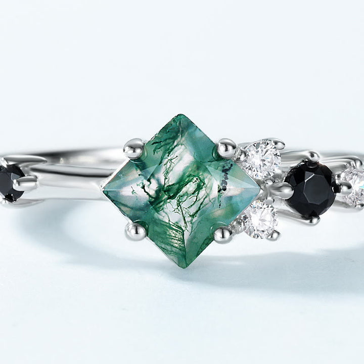 Bague en argent sterling S925 avec agate mousse carrée Olivenorma