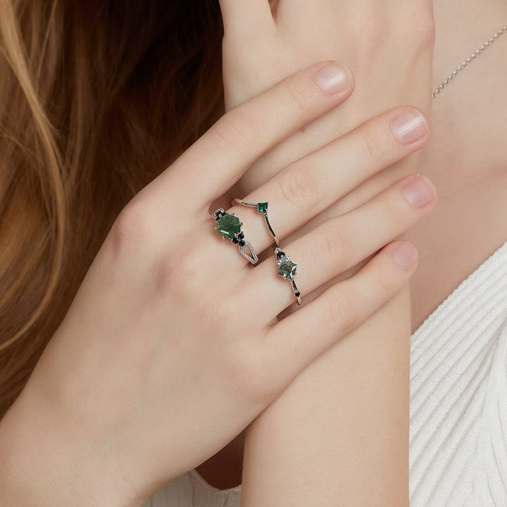 Bague en argent sterling S925 avec agate mousse carrée Olivenorma