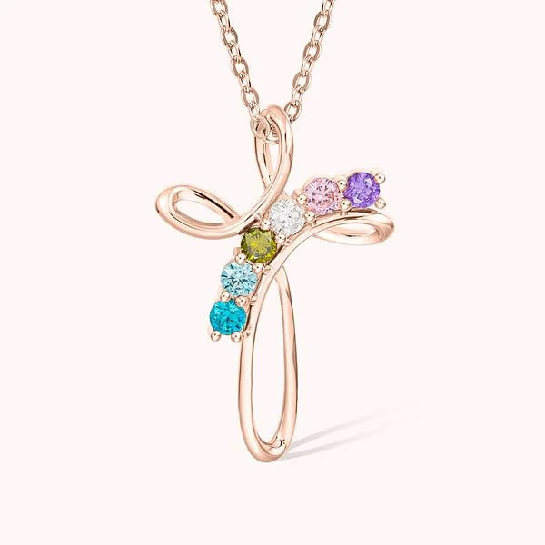 Collier pendentif croix personnalisé avec 1 à 7 pierres de naissance Olivenorma