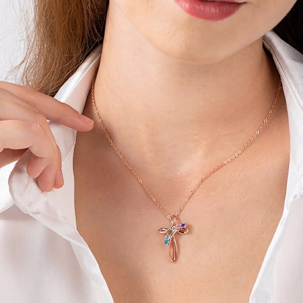 Collier pendentif croix personnalisé avec 1 à 7 pierres de naissance Olivenorma