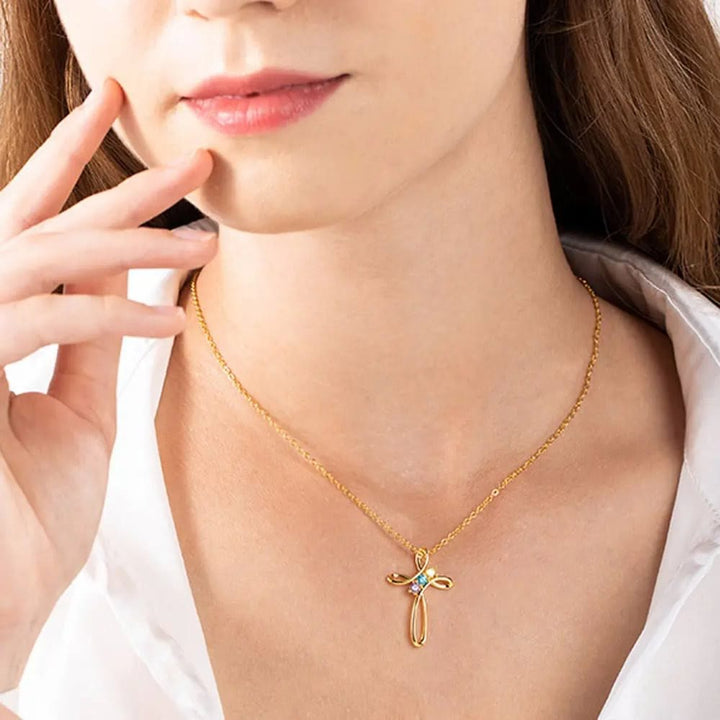 Collier pendentif croix personnalisé avec 1 à 7 pierres de naissance Olivenorma