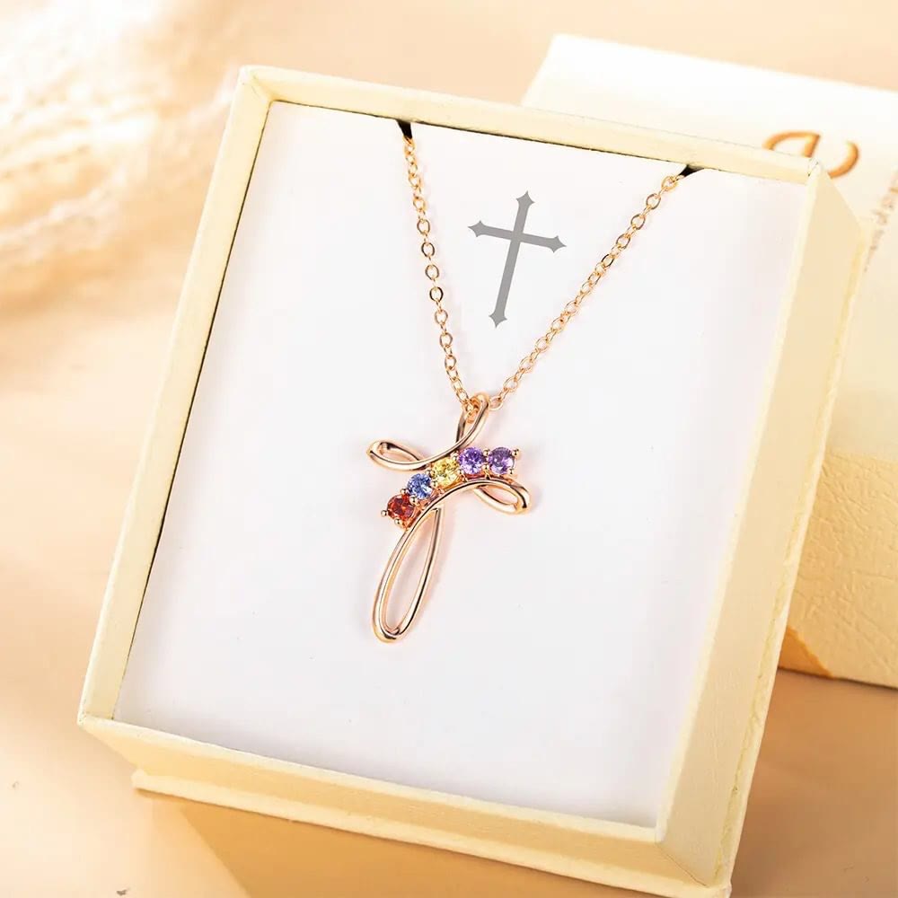 Collier pendentif croix personnalisé avec 1 à 7 pierres de naissance Olivenorma