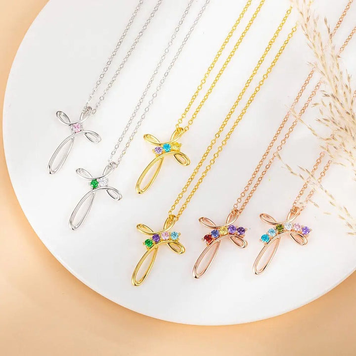 Collier pendentif croix personnalisé avec 1 à 7 pierres de naissance Olivenorma