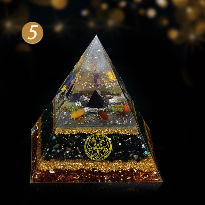 Pyramide d'orgone de cristal de chakra d'obsidienne dorée Olivenorma