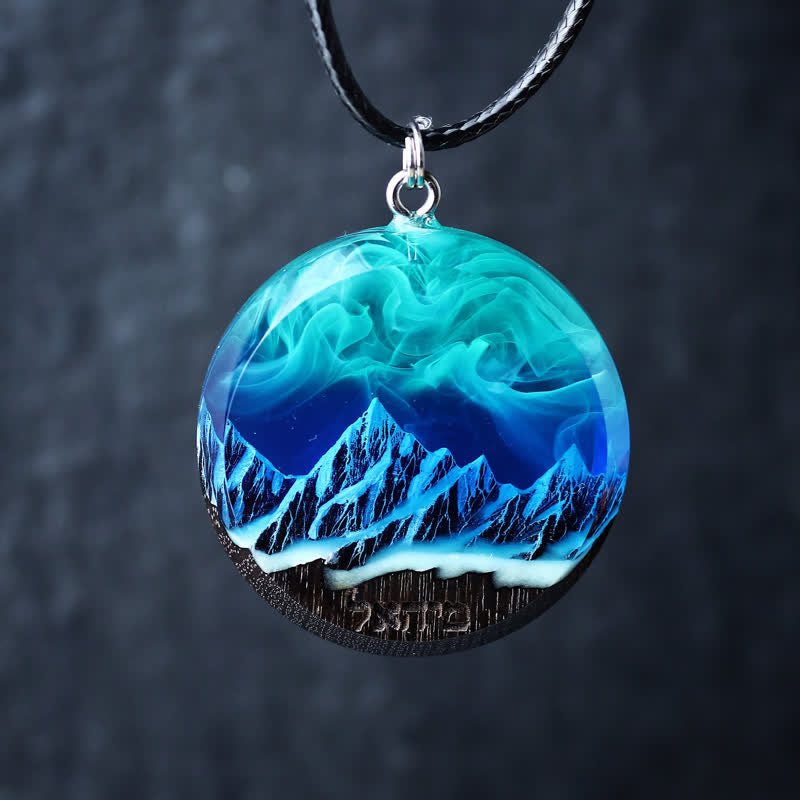 Collier pendentif rond en résine de bois Olivenorma Aurora Borealis 