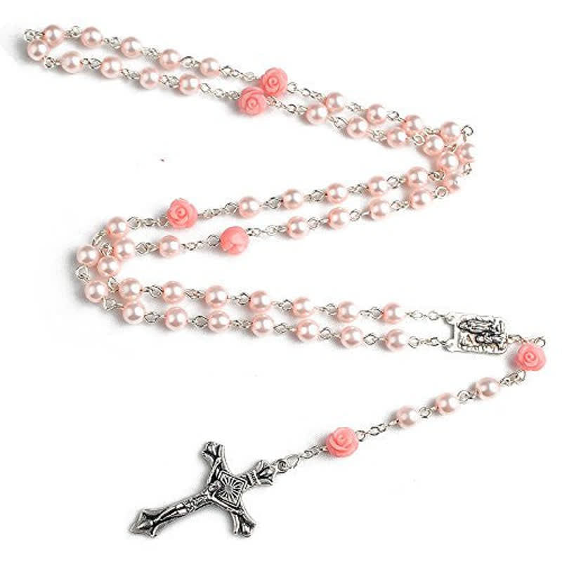 Collier chapelet avec médaille de Lourdes et rose olivenorma 