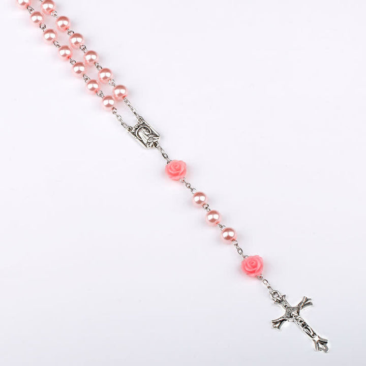 Collier chapelet avec médaille de Lourdes et rose olivenorma 