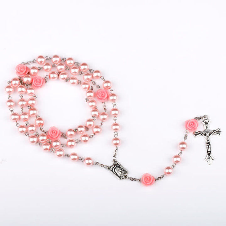 Collier chapelet avec médaille de Lourdes et rose olivenorma 