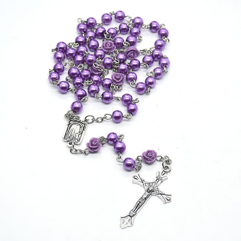 Collier chapelet avec médaille de Lourdes et rose olivenorma 