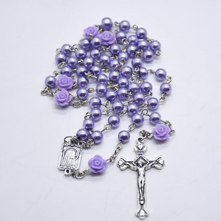 Collier chapelet avec médaille de Lourdes et rose olivenorma 