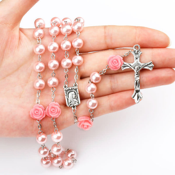 Collier chapelet avec médaille de Lourdes et rose olivenorma 
