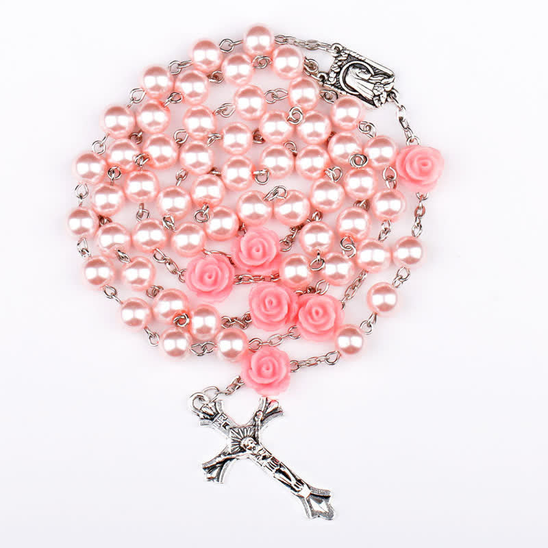 Collier chapelet avec médaille de Lourdes et rose olivenorma 