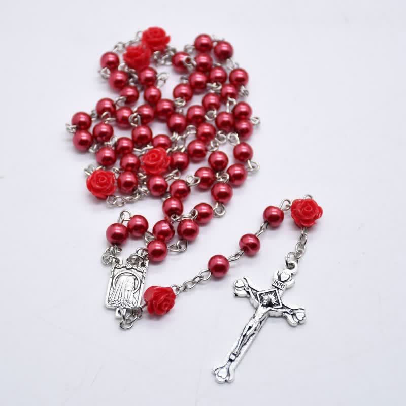 Collier chapelet avec médaille de Lourdes et rose olivenorma 
