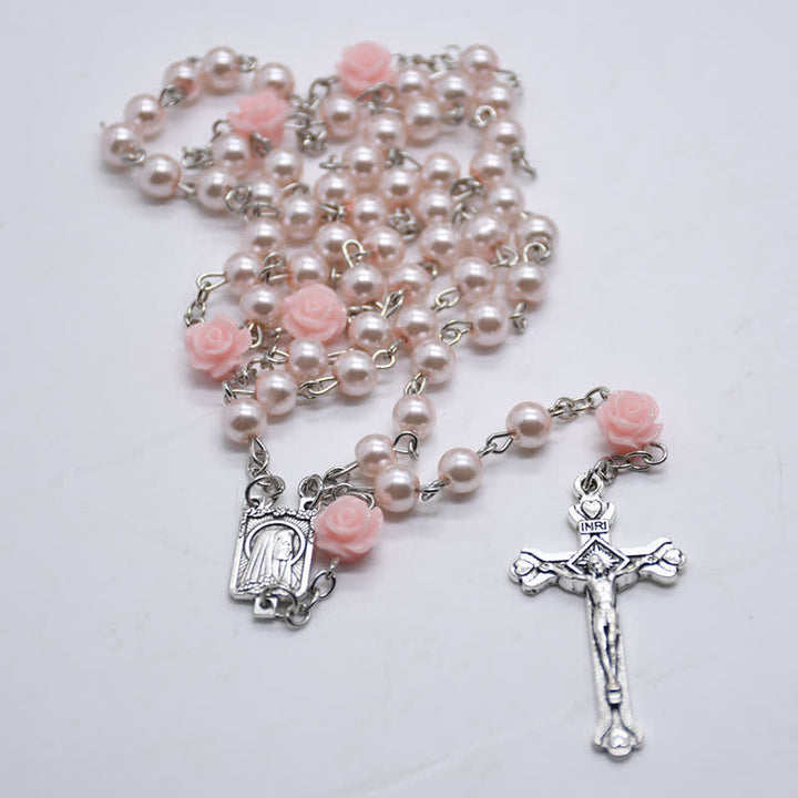 Collier chapelet avec médaille de Lourdes et rose olivenorma 