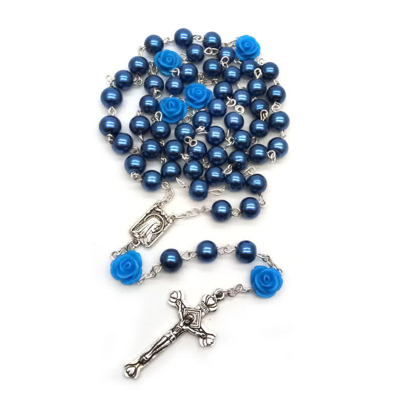 Collier chapelet avec médaille de Lourdes et rose olivenorma 