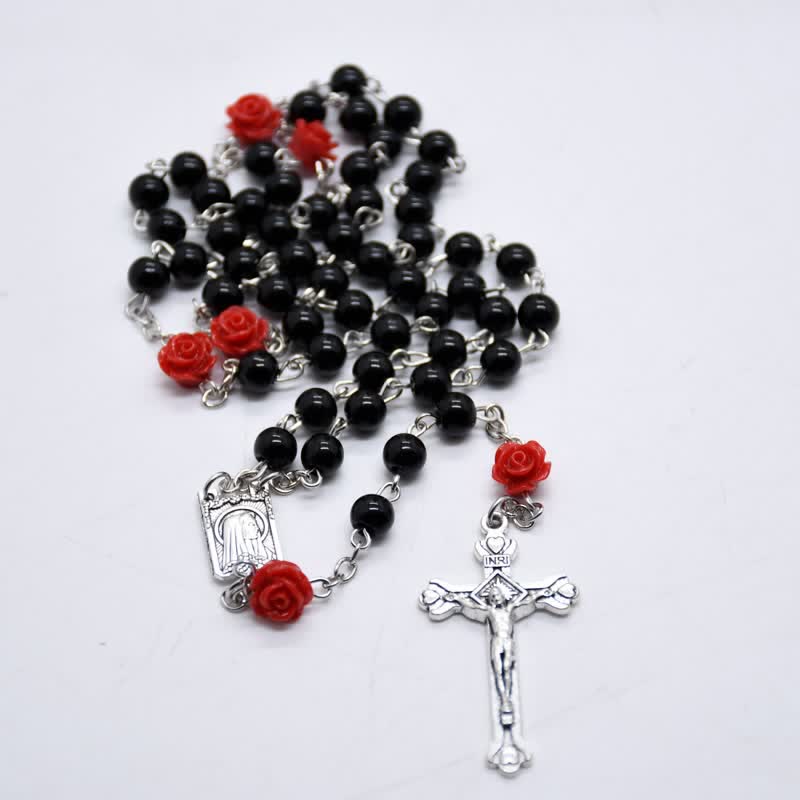 Collier chapelet avec médaille de Lourdes et rose olivenorma 