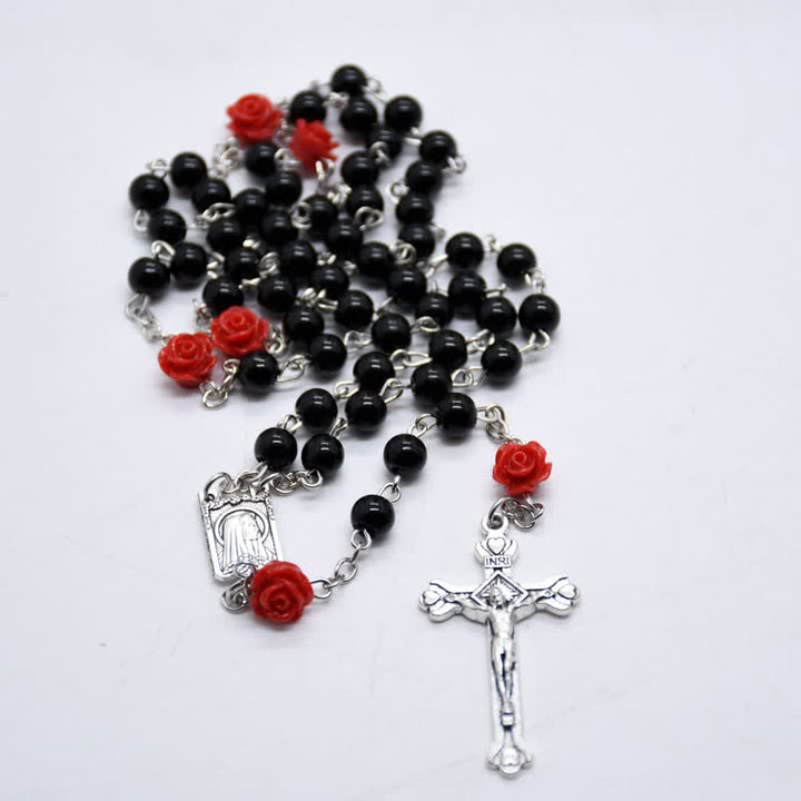 Collier chapelet avec médaille de Lourdes et rose olivenorma 