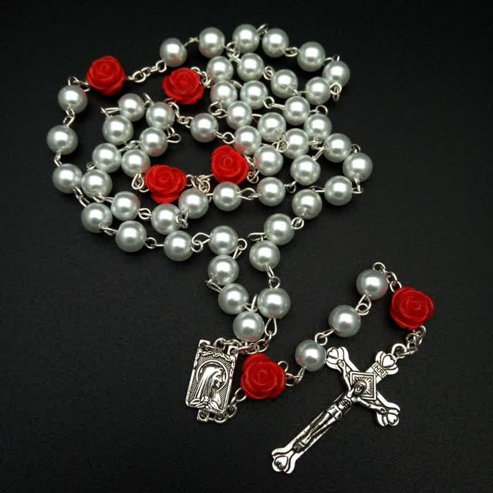 Collier chapelet avec médaille de Lourdes et rose olivenorma 