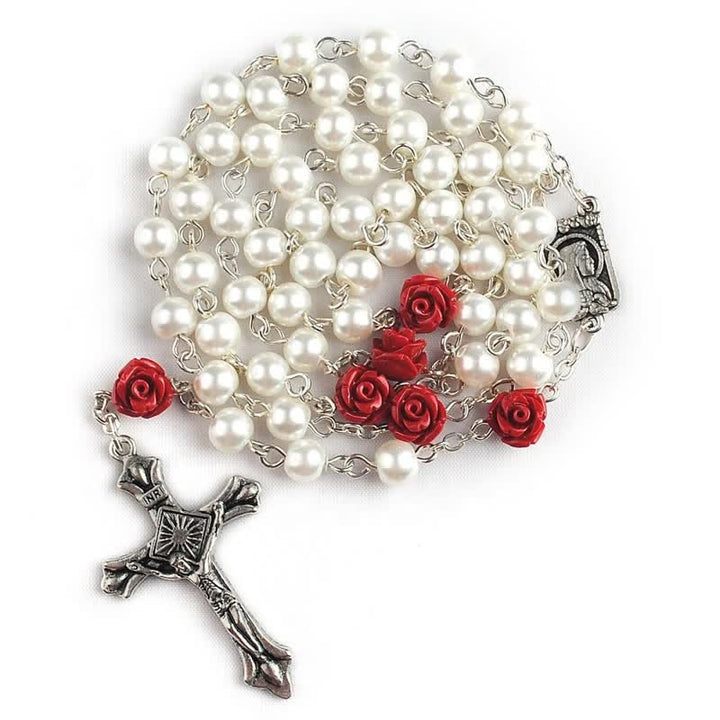 Collier chapelet en perles de verre blanc et rose rouge Olivenorma
