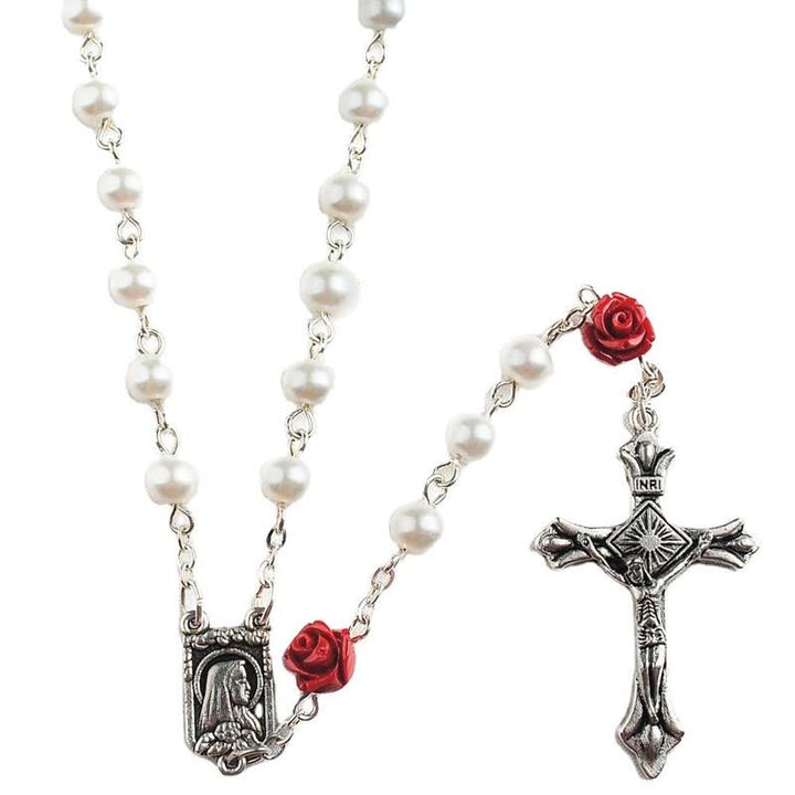 Collier chapelet en perles de verre blanc et rose rouge Olivenorma