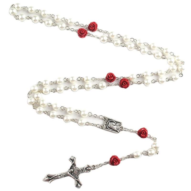 Collier chapelet en perles de verre blanc et rose rouge Olivenorma