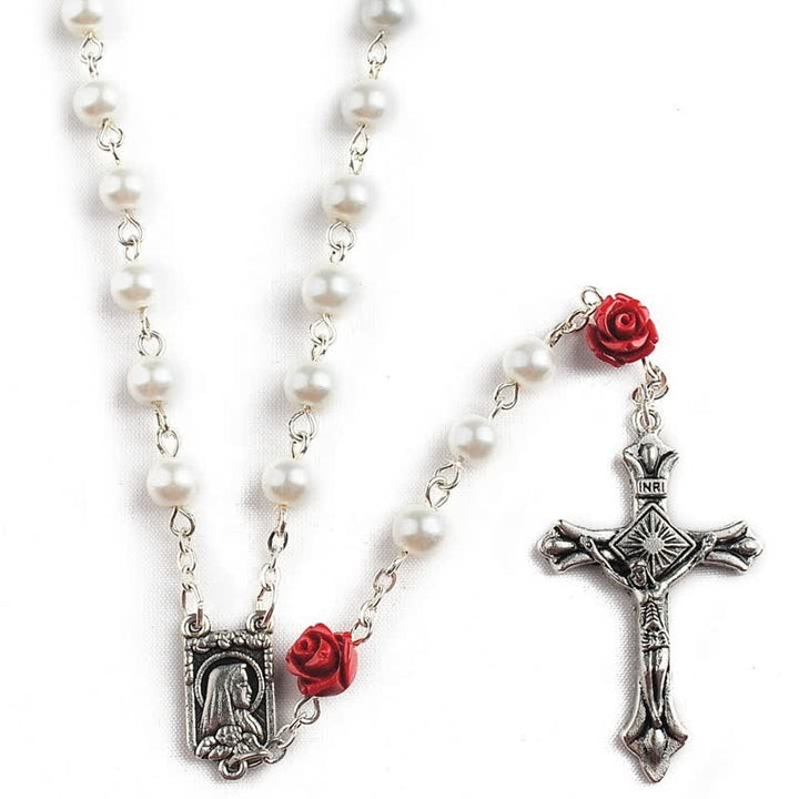 Collier chapelet en perles de verre blanc et rose rouge Olivenorma
