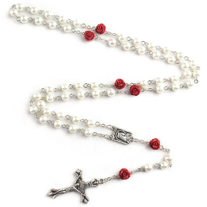 Collier chapelet en perles de verre blanc et rose rouge Olivenorma