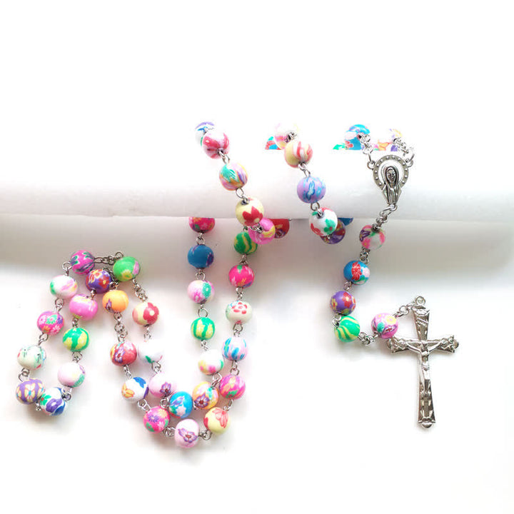 Collier chapelet croix en perles d'argile polymère de couleur Olivenorma