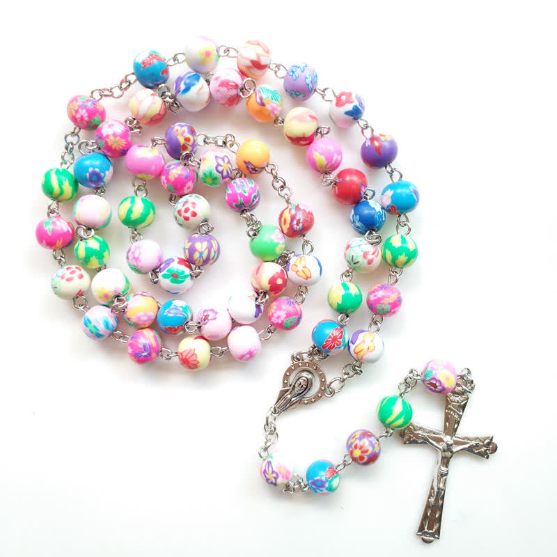 Collier chapelet croix en perles d'argile polymère de couleur Olivenorma