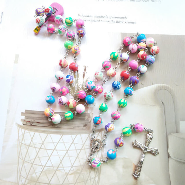 Collier chapelet croix en perles d'argile polymère de couleur Olivenorma