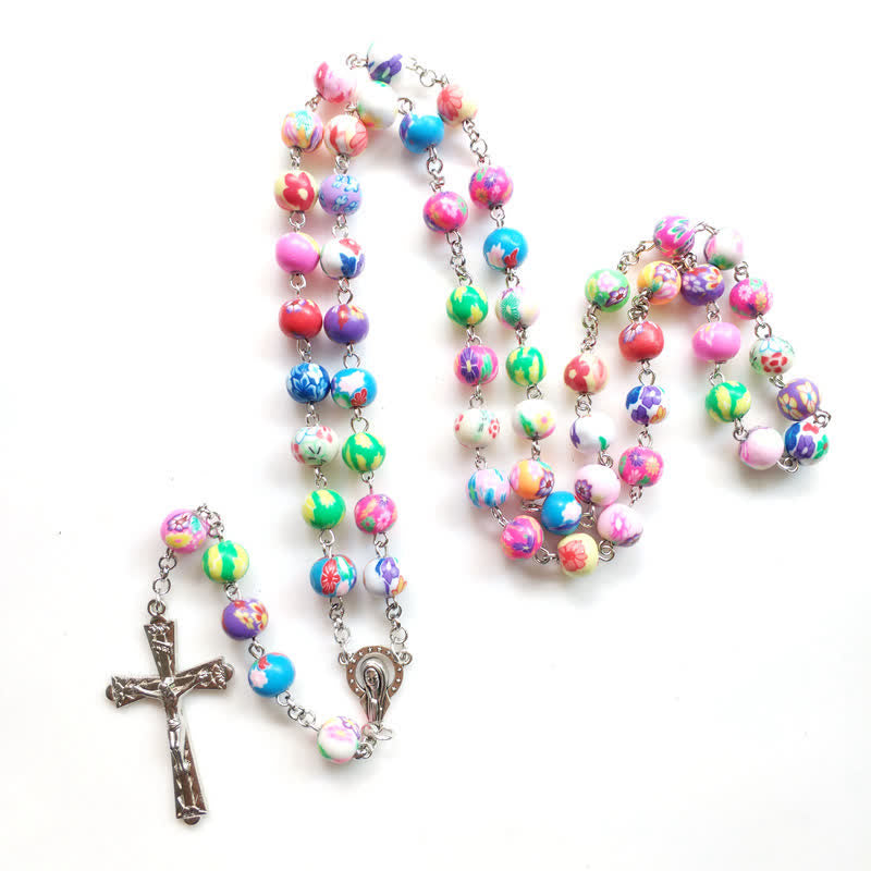 Collier chapelet croix en perles d'argile polymère de couleur Olivenorma