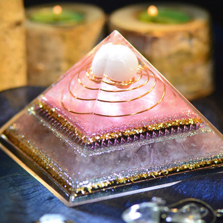 Pyramide d'orgone en quartz rose Olivenorma « Augmente l'attrait »