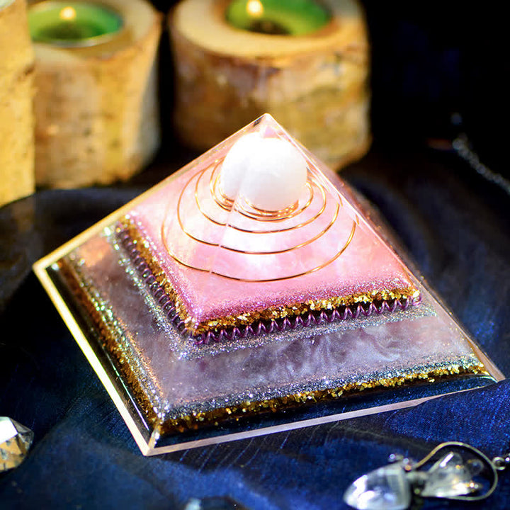 Pyramide d'orgone en quartz rose Olivenorma « Augmente l'attrait »