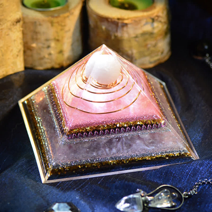 Pyramide d'orgone en quartz rose Olivenorma « Augmente l'attrait »