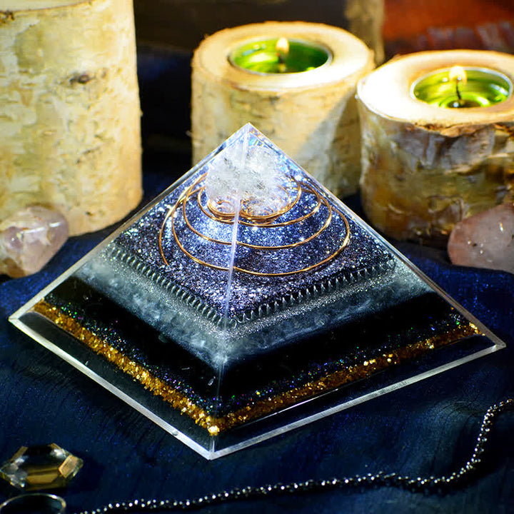 Pyramide orgonite en obsidienne cristalline transparente haute fréquence Olivenorma