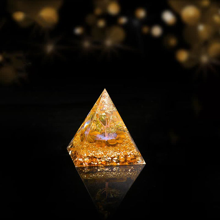 Pyramide d'orgone de l'arbre de vie en péridot et œil de tigre Olivenorma