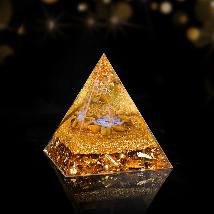 Pyramide d'orgone de l'arbre de vie en péridot et œil de tigre Olivenorma