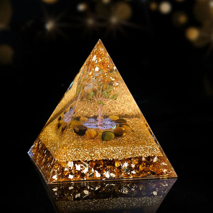 Pyramide d'orgone de l'arbre de vie en péridot et œil de tigre Olivenorma
