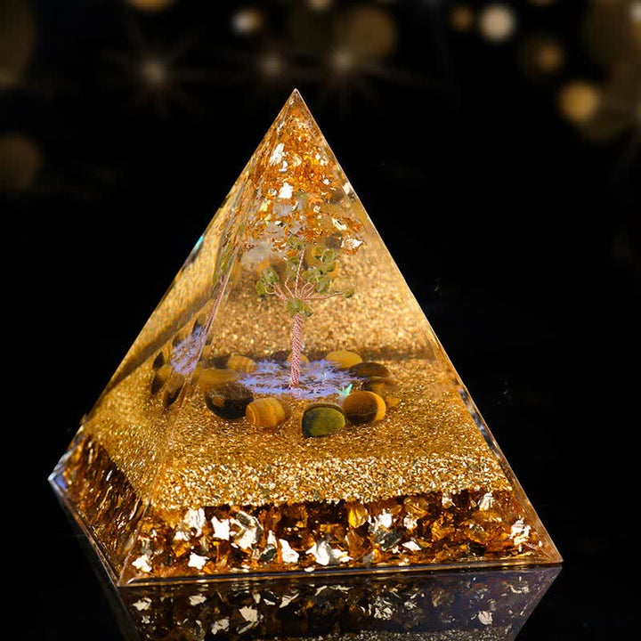 Pyramide d'orgone de l'arbre de vie en péridot et œil de tigre Olivenorma