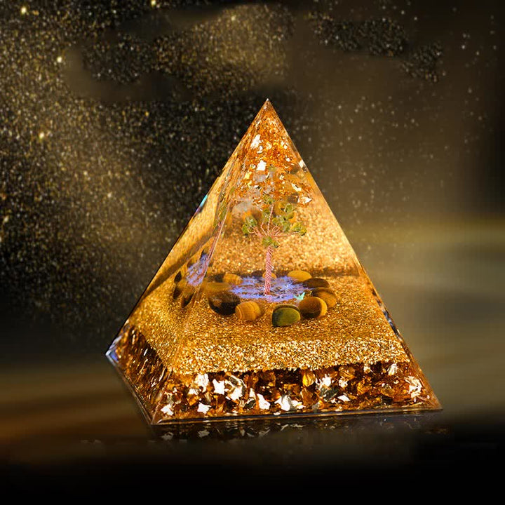 Pyramide d'orgone de l'arbre de vie en péridot et œil de tigre Olivenorma