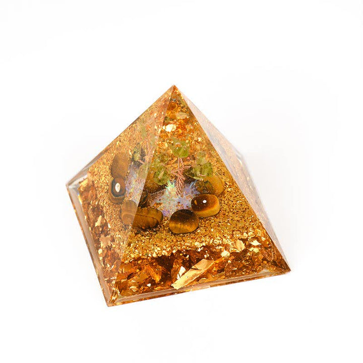 Pyramide d'orgone de l'arbre de vie en péridot et œil de tigre Olivenorma