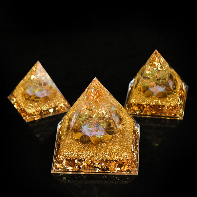 Pyramide d'orgone de l'arbre de vie en péridot et œil de tigre Olivenorma