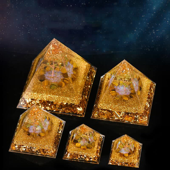 Pyramide d'orgone de l'arbre de vie en péridot et œil de tigre Olivenorma