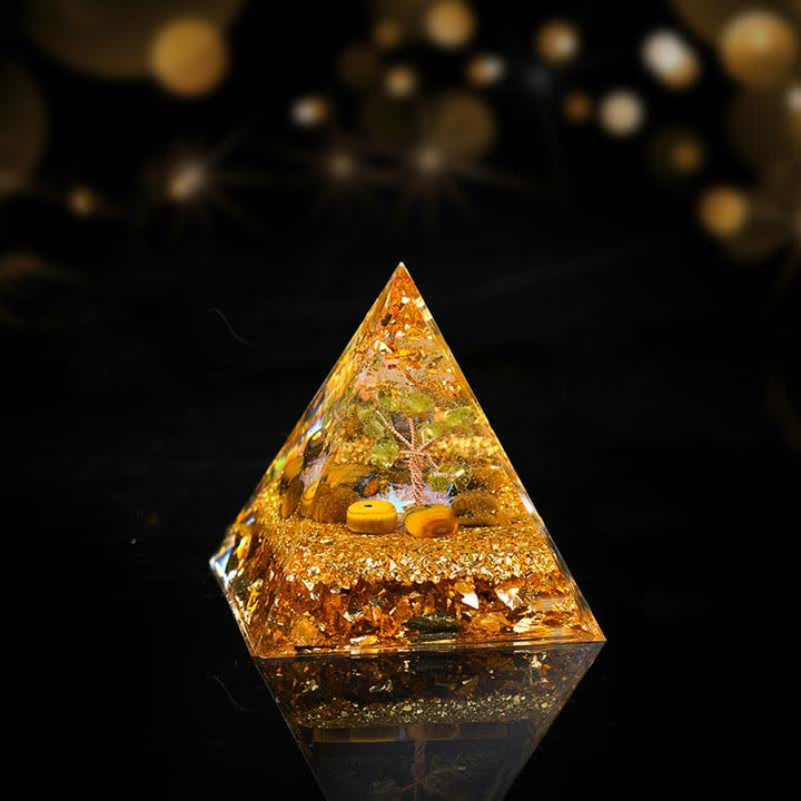 Pyramide d'orgone de l'arbre de vie en péridot et œil de tigre Olivenorma