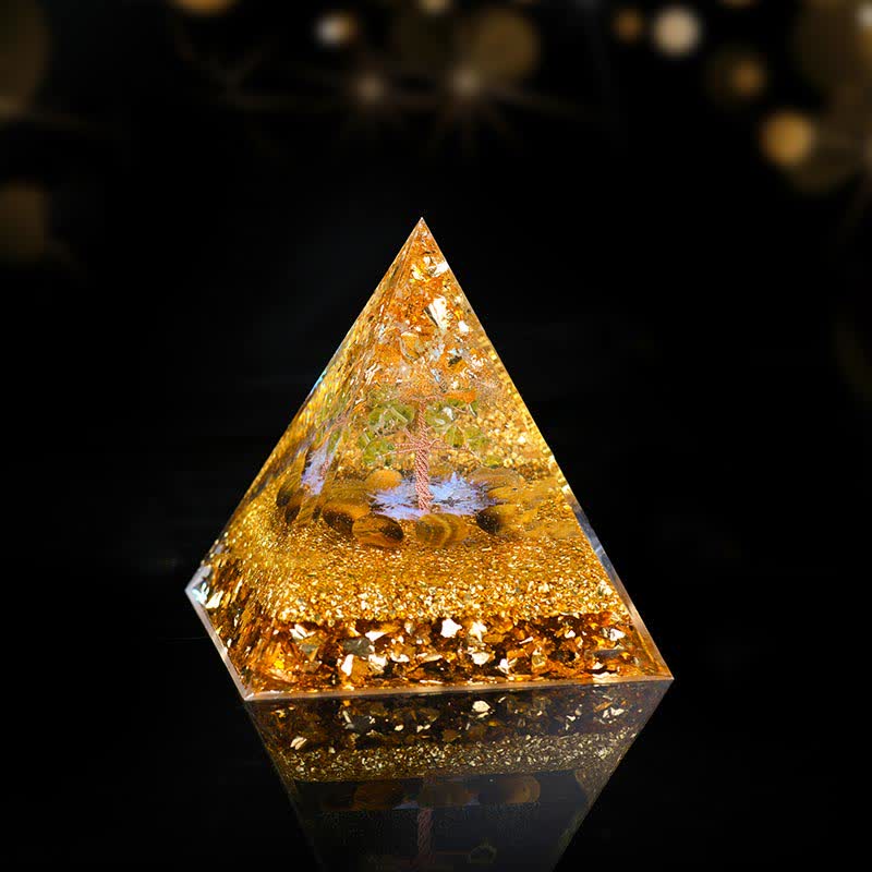 Pyramide d'orgone de l'arbre de vie en péridot et œil de tigre Olivenorma