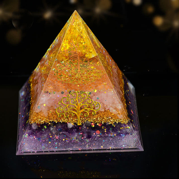 Pyramide d'orgone en cristal naturel Olivenorma de 10 cm, arbre de vie