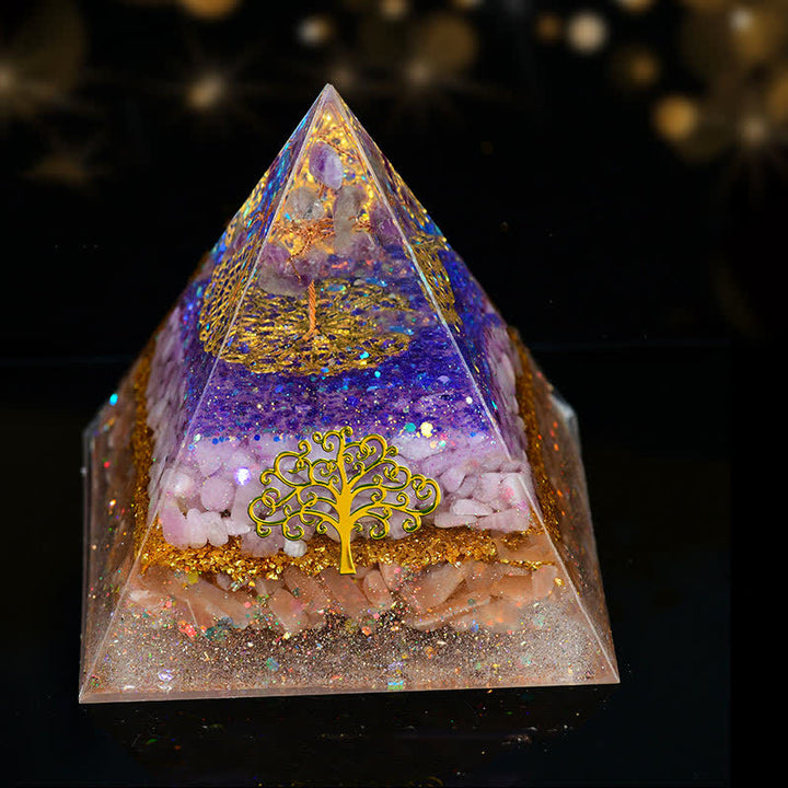 Pyramide d'orgone en cristal naturel Olivenorma de 10 cm, arbre de vie