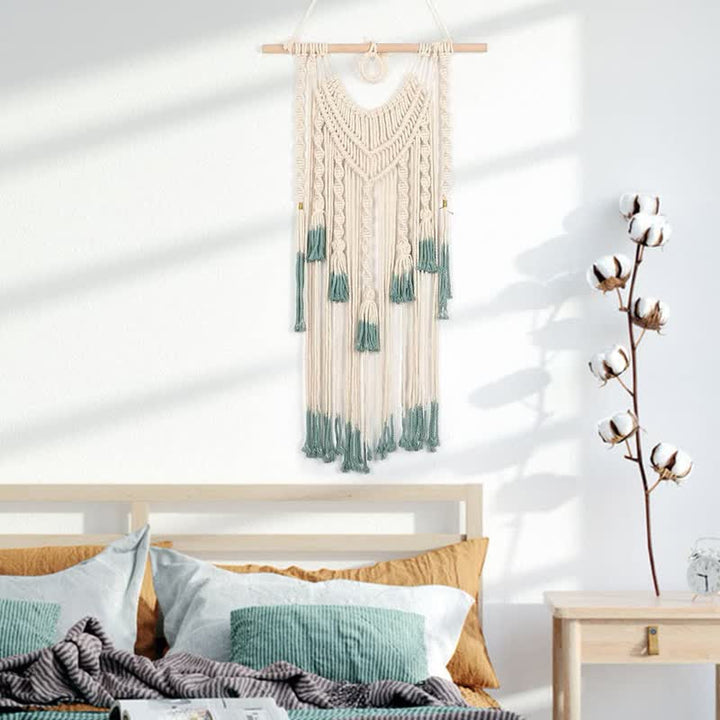 Tapisserie murale tissée en macramé vert et beige Olivenorma