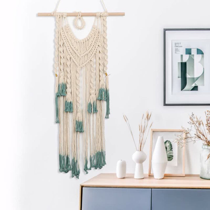 Tapisserie murale tissée en macramé vert et beige Olivenorma